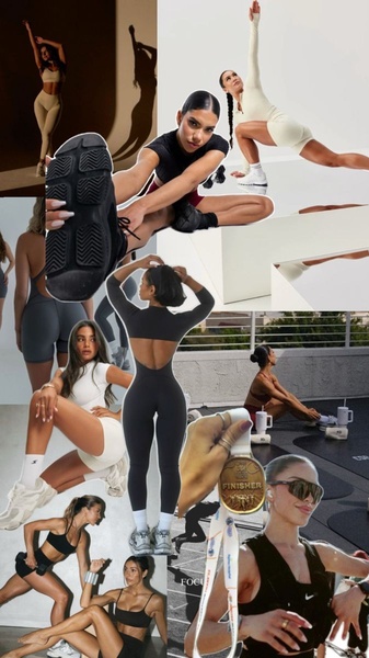 A 9:16 vertical collage showing a model in various athletic poses, workout settings, and close-up product details of an athleisure jumpsuit.